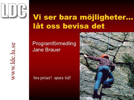 Vi ser bara möjligheter… låt oss bevisa det www.ldc.lu.se Programförmedling Jane Brauer bra priser! spara tid!