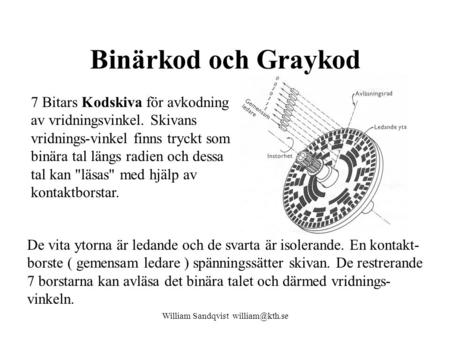 William Sandqvist Binärkod och Graykod 7 Bitars Kodskiva för avkodning av vridningsvinkel. Skivans vridnings-vinkel finns tryckt som binära.
