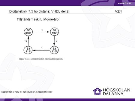 Digitalteknik 7.5 hp distans: VHDL del 2 V2:1 Tillståndsmaskin, Moore-typ Kopior från VHDL för konstruktion, Studentlitteratur.