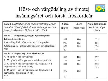 Höst- och vårgödsling av timotej insåningsåret och första fröskördeår Tabell 1. Effekt av olika gödslingsstrategier vår och höst i timotej (Grindstad)