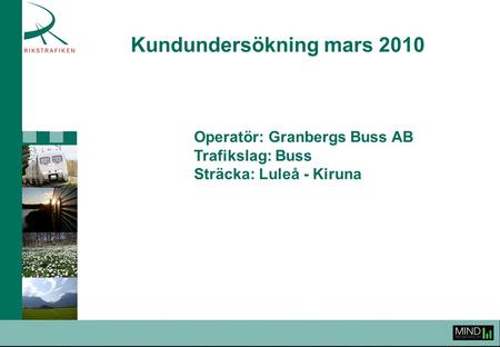 Kundundersökning mars 2010 Operatör: Granbergs Buss AB Trafikslag: Buss Sträcka: Luleå - Kiruna.