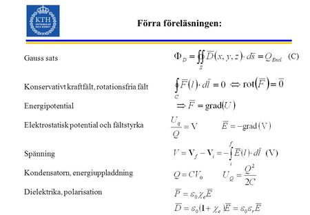 Förra föreläsningen: Gauss sats Konservativt kraftfält, rotationsfria fält Energipotential Elektrostatisk potential och fältstyrka Spänning Kondensatorn,