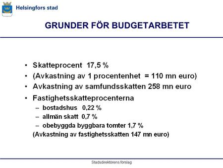 Stadsdirektörens förslag GRUNDER FÖR BUDGETARBETET.