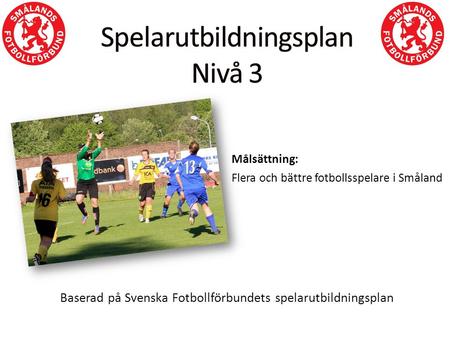 Målsättning: Flera och bättre fotbollsspelare i Småland Baserad på Svenska Fotbollförbundets spelarutbildningsplan.