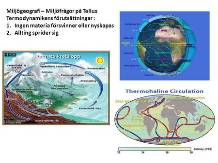 Miljögeografi – Miljöfrågor på Tellus Termodynamikens förutsättningar : 1.Ingen materia försvinner eller nyskapas 2.Allting sprider sig.