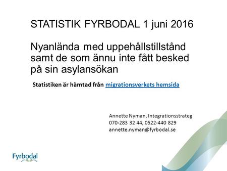 STATISTIK FYRBODAL 1 juni 2016 Nyanlända med uppehållstillstånd samt de som ännu inte fått besked på sin asylansökan Statistiken är hämtad från migrationsverkets.