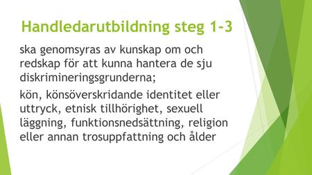 Handledarutbildning steg 1-3 ska genomsyras av kunskap om och redskap för att kunna hantera de sju diskrimineringsgrunderna; kön, könsöverskridande identitet.