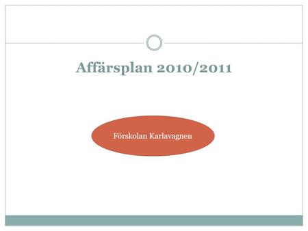 Affärsplan 2010/2011 Förskolan Karlavagnen. Innehåll Företagets Vision Analys Målsättningar Strategier Planer Prioriteringar.