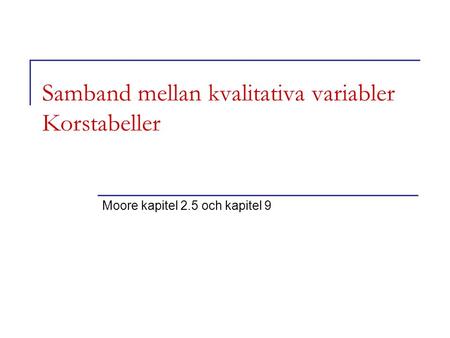 Samband mellan kvalitativa variabler Korstabeller Moore kapitel 2.5 och kapitel 9.