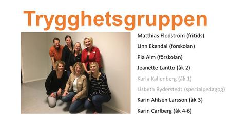 Trygghetsgruppen Matthias Flodström (fritids) Linn Ekendal (förskolan) Pia Alm (förskolan) Jeanette Lantto (åk 2) Karla Kallenberg (åk 1) Lisbeth Ryderstedt.