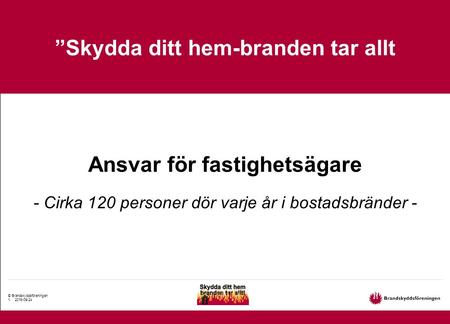 © Brandskyddsföreningen 1. 2016-09-24 ”Skydda ditt hem-branden tar allt Ansvar för fastighetsägare - Cirka 120 personer dör varje år i bostadsbränder -