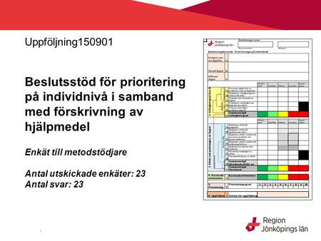 1 Uppföljning150901 Beslutsstöd för prioritering på individnivå i samband med förskrivning av hjälpmedel Enkät till metodstödjare Antal utskickade enkäter: