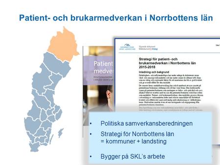 Patient- och brukarmedverkan i Norrbottens län Politiska samverkansberedningen Strategi för Norrbottens län = kommuner + landsting Bygger på SKL’s arbete.