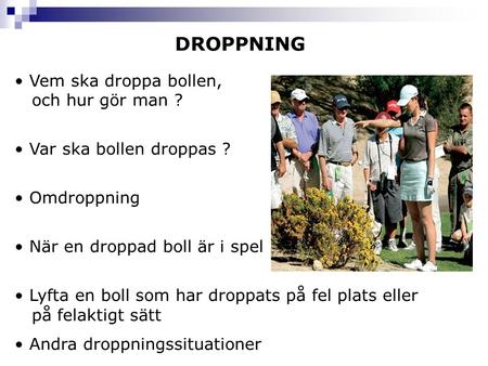 DROPPNING Vem ska droppa bollen, och hur gör man ? Var ska bollen droppas ? Omdroppning När en droppad boll är i spel Lyfta en boll som har droppats på.