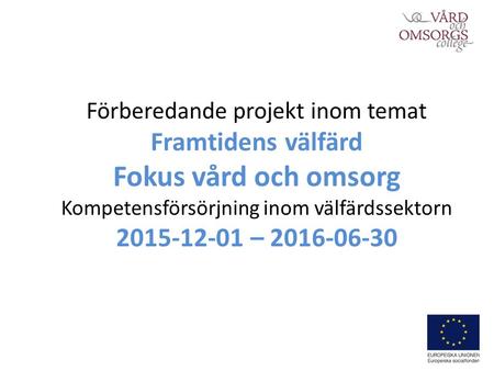 Förberedande projekt inom temat Framtidens välfärd Fokus vård och omsorg Kompetensförsörjning inom välfärdssektorn 2015-12-01 – 2016-06-30.