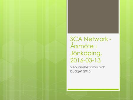 SCA Network - Årsmöte i Jönköping, Verksamhetsplan och budget 2016.