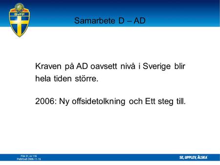 Samarbete D – AD Kraven på AD oavsett nivå i Sverige blir hela tiden större. 2006: Ny offsidetolkning och Ett steg till. Flik 31, nr 116 PeB/GuB