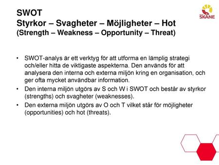 SWOT Styrkor – Svagheter – Möjligheter – Hot (Strength – Weakness – Opportunity – Threat) SWOT-analys är ett verktyg för att utforma en lämplig strategi.