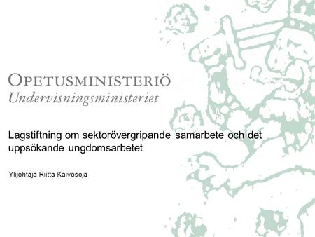 Lagstiftning om sektorövergripande samarbete och det uppsökande ungdomsarbetet Ylijohtaja Riitta Kaivosoja.