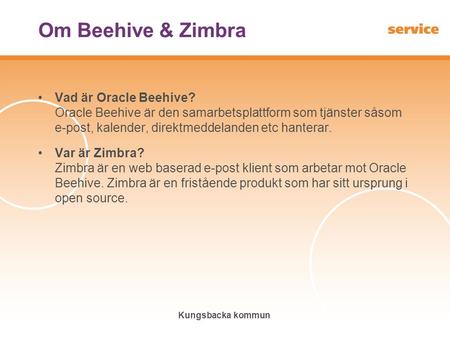 Om Beehive & Zimbra Vad är Oracle Beehive? Oracle Beehive är den samarbetsplattform som tjänster såsom e-post, kalender, direktmeddelanden etc hanterar.