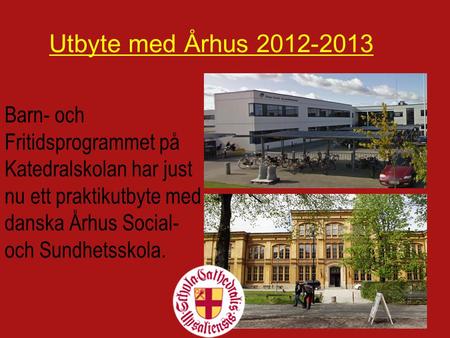 Barn- och Fritidsprogrammet på Katedralskolan har just nu ett praktikutbyte med danska Århus Social- och Sundhetsskola. Utbyte med Århus 2012-2013.