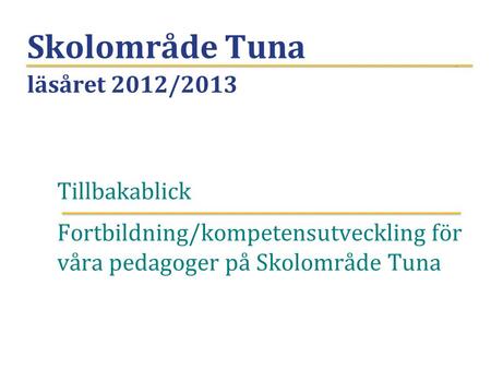 Skolområde Tuna läsåret 2012/2013 Tillbakablick Fortbildning/kompetensutveckling för våra pedagoger på Skolområde Tuna.
