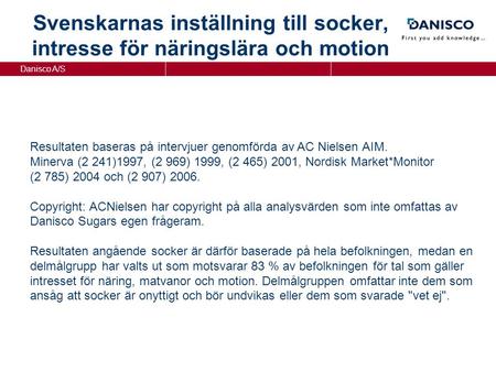 Danisco A/S Svenskarnas inställning till socker, intresse för näringslära och motion Resultaten baseras på intervjuer genomförda av AC Nielsen AIM. Minerva.