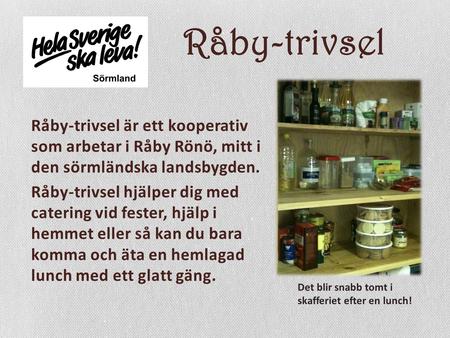 Råby-trivsel Råby-trivsel är ett kooperativ som arbetar i Råby Rönö, mitt i den sörmländska landsbygden. Råby-trivsel hjälper dig med catering vid fester,