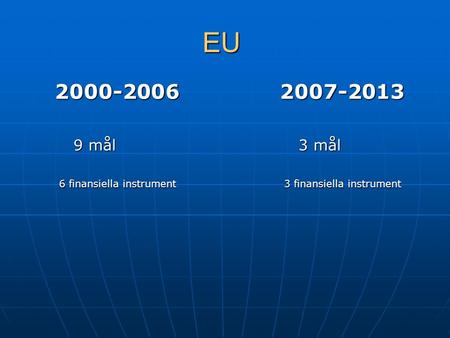 EU 2000-20062007-2013 9 mål 3 mål 9 mål 3 mål 6 finansiella instrument 3 finansiella instrument 6 finansiella instrument 3 finansiella instrument.