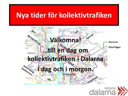 Nya tider för kollektivtrafiken Välkomna! …till en dag om kollektivtrafiken i Dalarna i dag och i morgon. Buss Egen bil Tåg Taxi Integration Samordning.