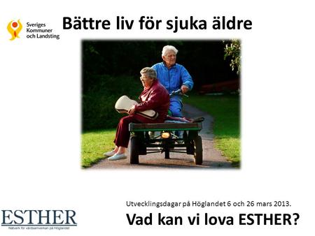 Bättre liv för sjuka äldre Utvecklingsdagar på Höglandet 6 och 26 mars 2013. Vad kan vi lova ESTHER?