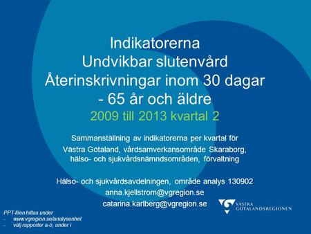 Indikatorerna Undvikbar slutenvård Återinskrivningar inom 30 dagar - 65 år och äldre 2009 till 2013 kvartal 2 Sammanställning av indikatorerna per kvartal.