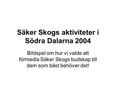 Säker Skogs aktiviteter i Södra Dalarna 2004 Bildspel om hur vi valde att förmedla Säker Skogs budskap till dem som bäst behöver det!