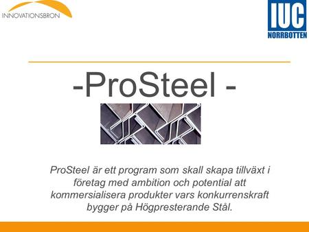 ProSteel - ProSteel är ett program som skall skapa tillväxt i företag med ambition och potential att kommersialisera produkter vars konkurrenskraft bygger.