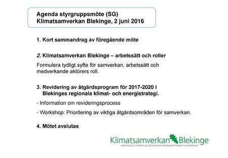Agenda styrgruppsmöte (SG) Klimatsamverkan Blekinge, 2 juni 2016