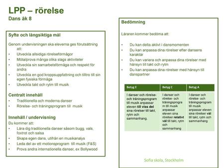 LPP – rörelse Dans åk 8 Bedömning Syfte och långsiktiga mål