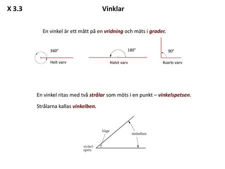 X 3.3 Vinklar En vinkel är ett mått på en vridning och mäts i grader.