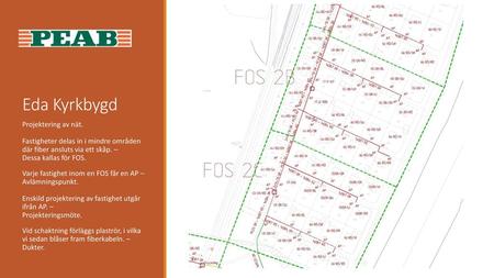 Eda Kyrkbygd Projektering av nät. Fastigheter delas in i mindre områden där fiber ansluts via ett skåp. – Dessa kallas för FOS. Varje fastighet.