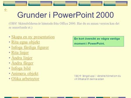 Grunder i PowerPoint 2000 Skapa en ny presentation Rita egna objekt