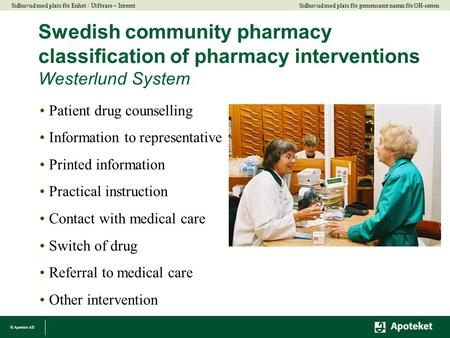 © Apoteket AB Sidhuvud med plats för gemensamt namn för OH-serien Sidhuvud med plats för Enhet / Utförare – Internt Swedish community pharmacy classification.