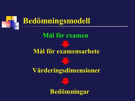 Bedömningsmodell Mål för examensarbete Värderingsdimensioner Bedömningar Mål för examen.