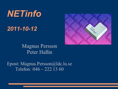 NETinfo 2011-10-12 Magnus Persson Peter Hallin Epost: Telefon: 046 – 222 13 60.