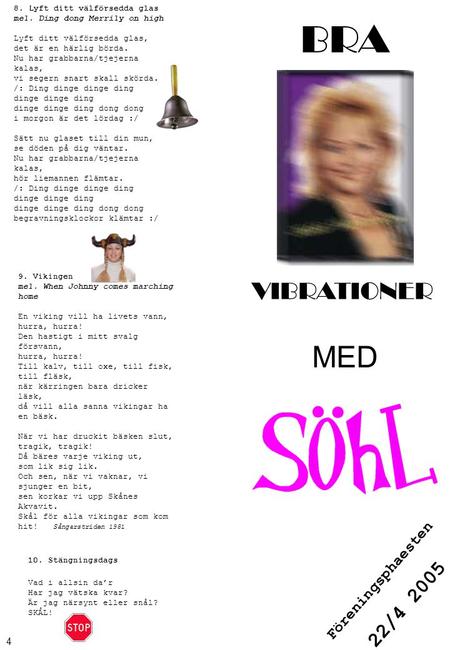 4 BRA 10. Stängningsdags Vad i allsin da’r Har jag vätska kvar? Är jag närsynt eller snål? SKÅL! VIBRATIONER MED Föreningsphaesten 22/4 2005 8. Lyft ditt.