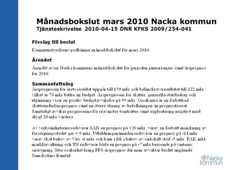 Månadsbokslut mars 2010 Nacka kommun Tjänsteskrivelse DNR KFKS 2009/