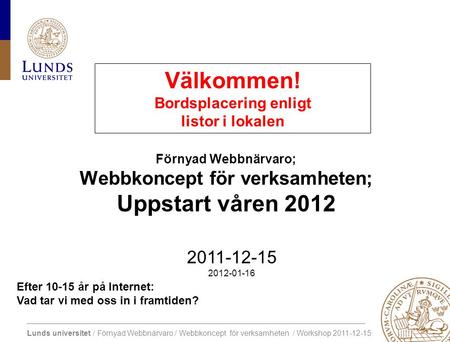 Lunds universitet / Förnyad Webbnärvaro / Webbkoncept för verksamheten / Workshop 2011-12-15 Efter 10-15 år på Internet: Vad tar vi med oss in i framtiden?