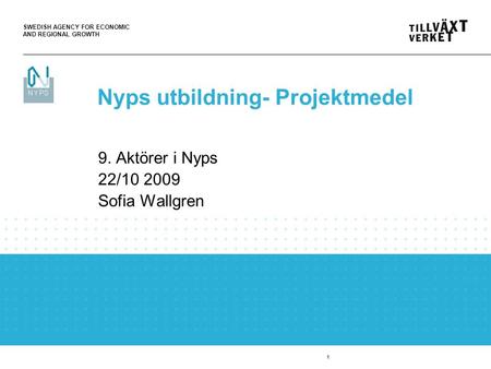 SWEDISH AGENCY FOR ECONOMIC AND REGIONAL GROWTH 1 9. Aktörer i Nyps 22/10 2009 Sofia Wallgren Nyps utbildning- Projektmedel.