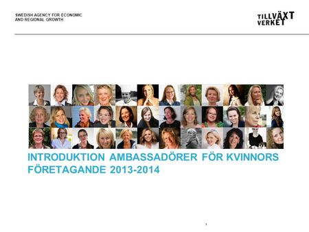 SWEDISH AGENCY FOR ECONOMIC AND REGIONAL GROWTH 1 INTRODUKTION AMBASSADÖRER FÖR KVINNORS FÖRETAGANDE 2013-2014.