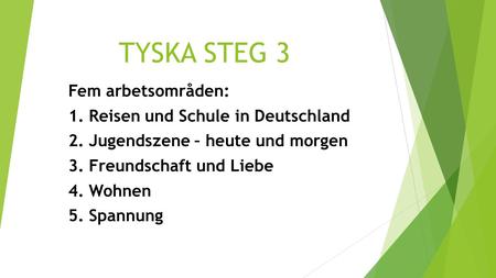 TYSKA STEG 3 Fem arbetsområden: 1. Reisen und Schule in Deutschland