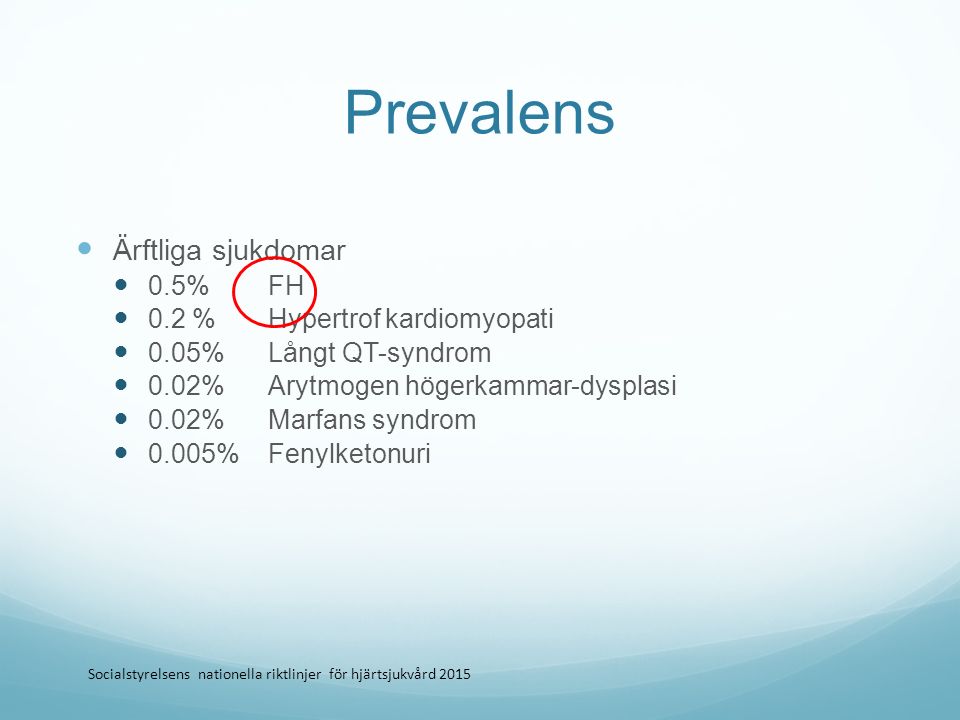 Prevalens Ärftliga sjukdomar 0.5% FH 0.2 % Hypertrof kardiomyopati