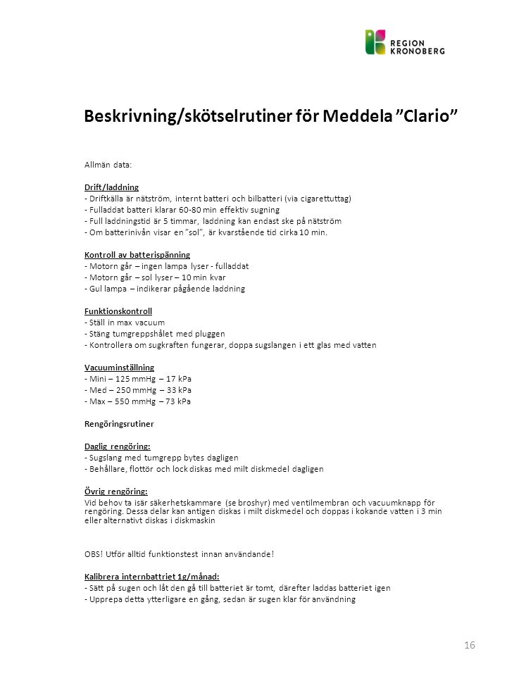 Beskrivning/skötselrutiner för Meddela Clario